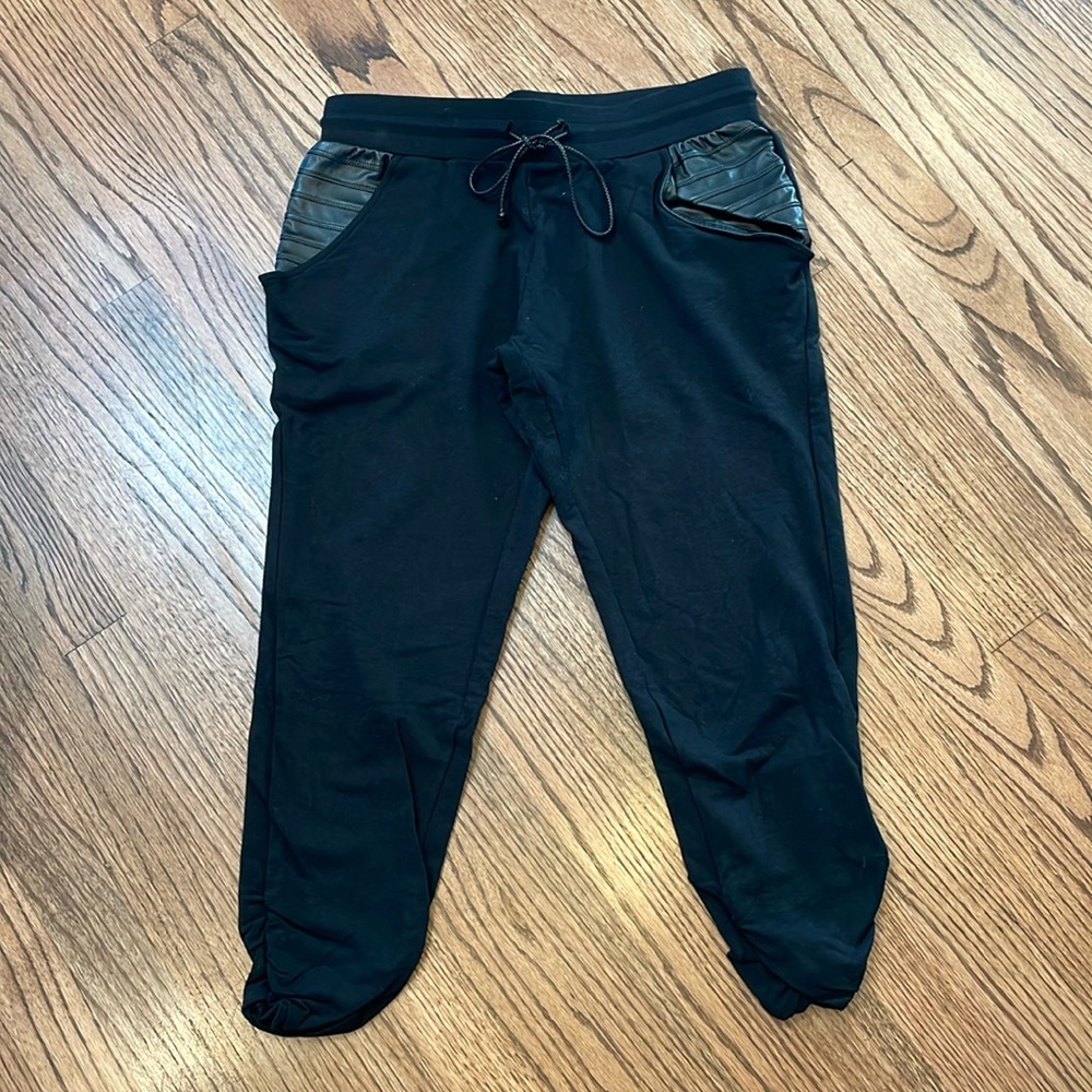 Beloforte black cotton pants with leather accents. Size M.